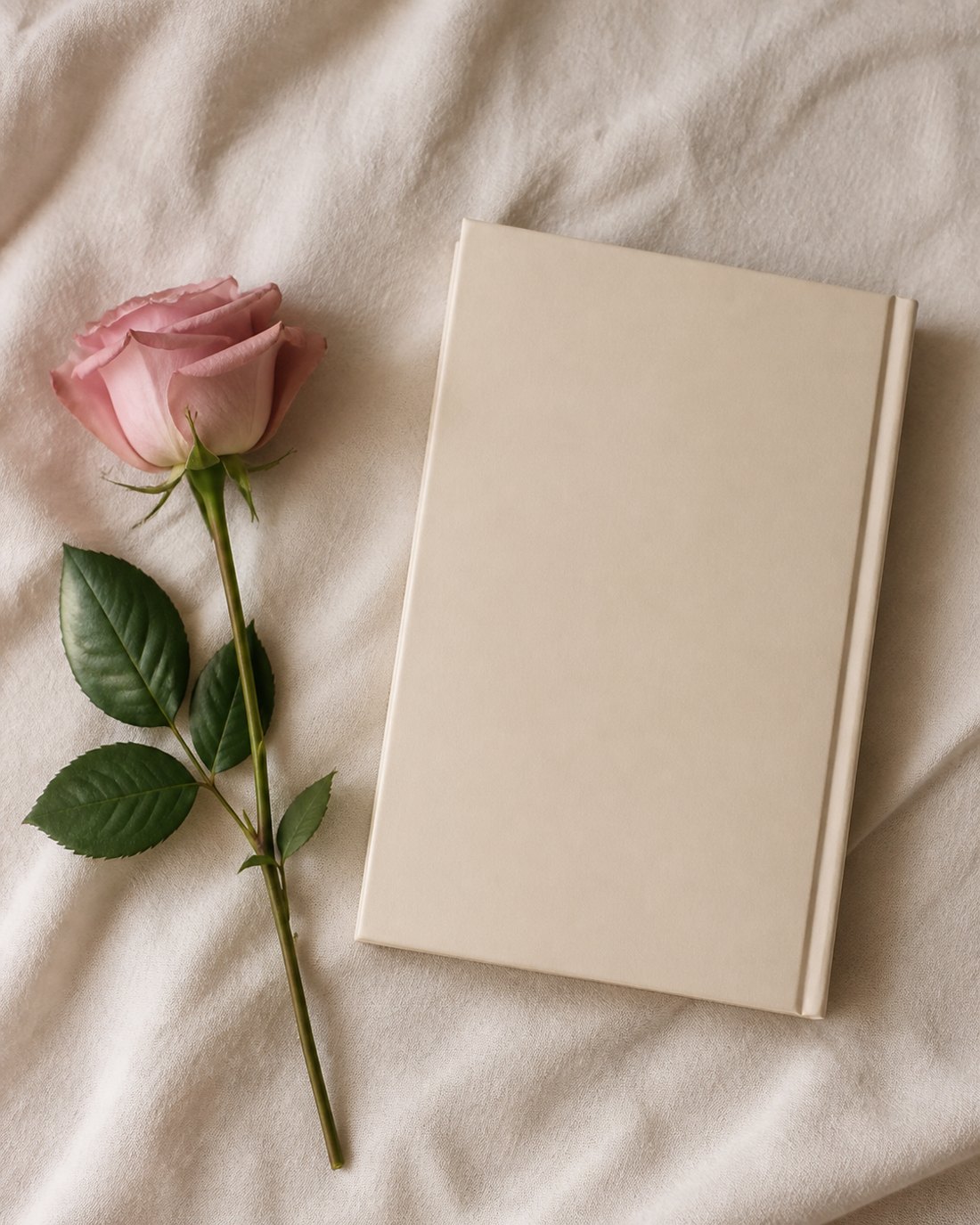A pink rose and a closed cream journal on soft linen